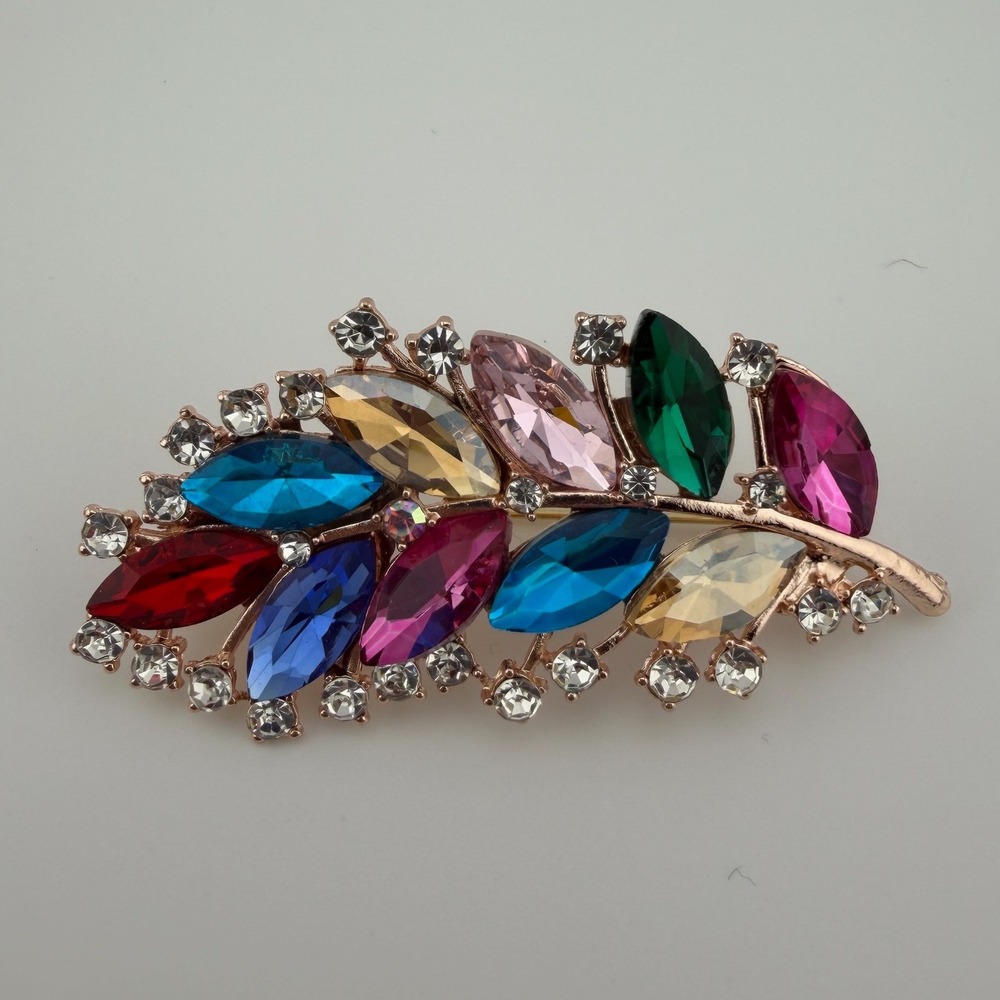 Multicolor Leaf Brooch Rhinestone Crystal Rose Gold Tone Pin